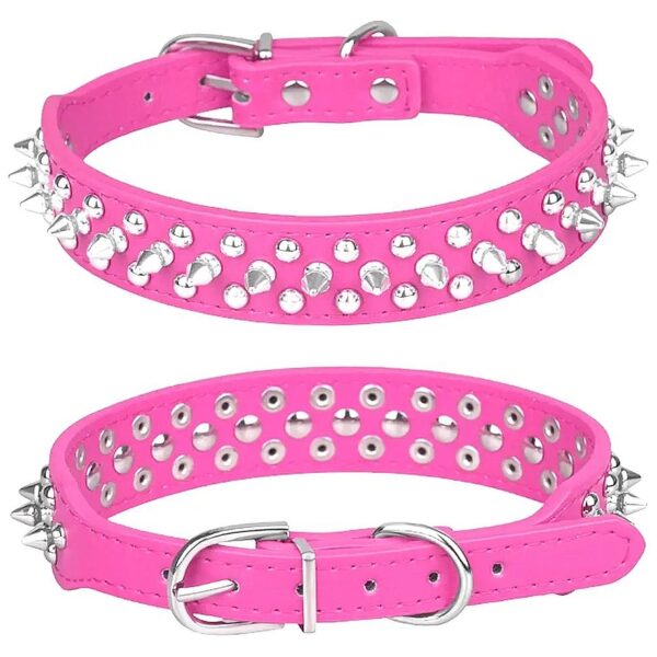 Adjustable Hot Pink PU Leather Dog Collar with Mushroom Rivets for Cats and Small Dogs