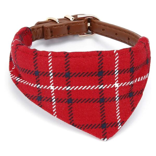 Adjustable Leather Collar with Plaid Red Bandana for Small Dogs and Cats