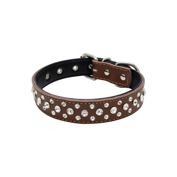 Adjustable Leather Dog Collar with Rhinestones Brown Color for Small to Medium Dogs