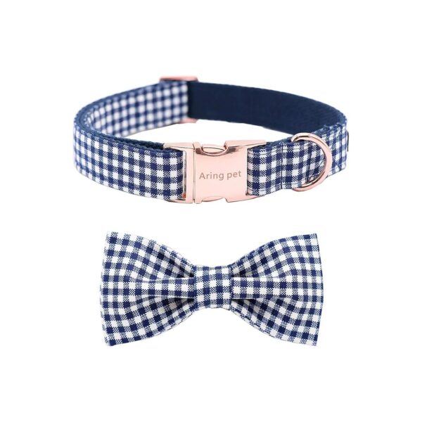 Adjustable Navy Plaid Dog Collar with Bow Tie for Small Medium Large Dogs