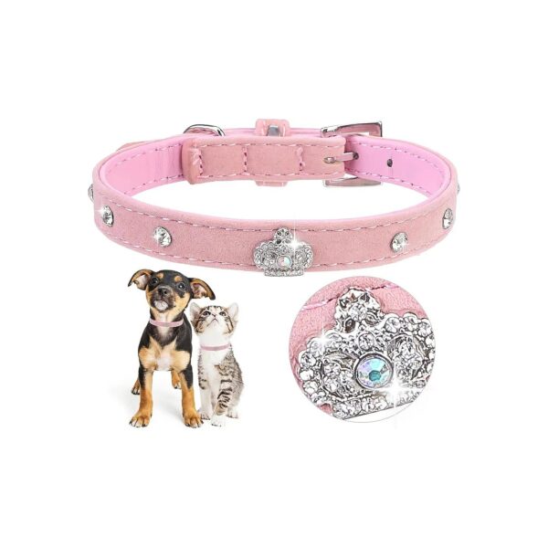 Adjustable Pink Velvet Puppy Collar with Rhinestone Diamond Crown for Small Dogs and Cats