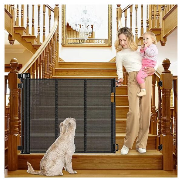 Adjustable Retractable Pet Gate for Stairs with Reinforced Bars and One-Handed Operation