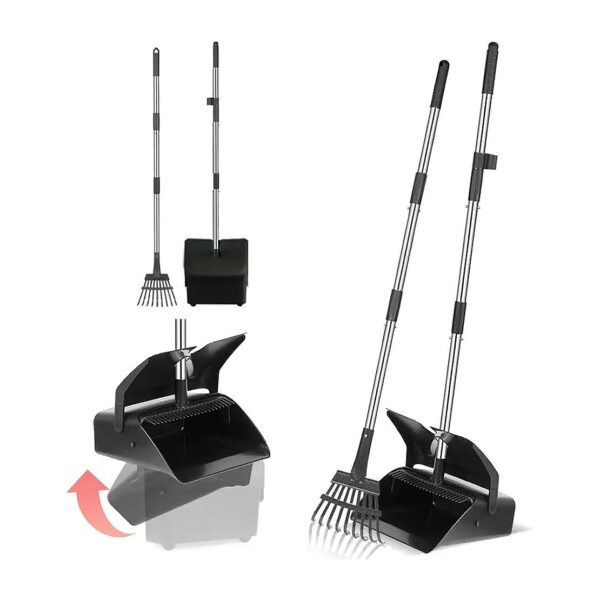 Adjustable Swivel Bin and Rake Kit for Pet Waste Cleanup on Various Backyard Surfaces