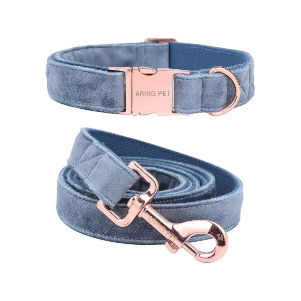 Adjustable Velvet Dog Collar and Leash for Medium Dogs with Rose Gold Tone Buckle