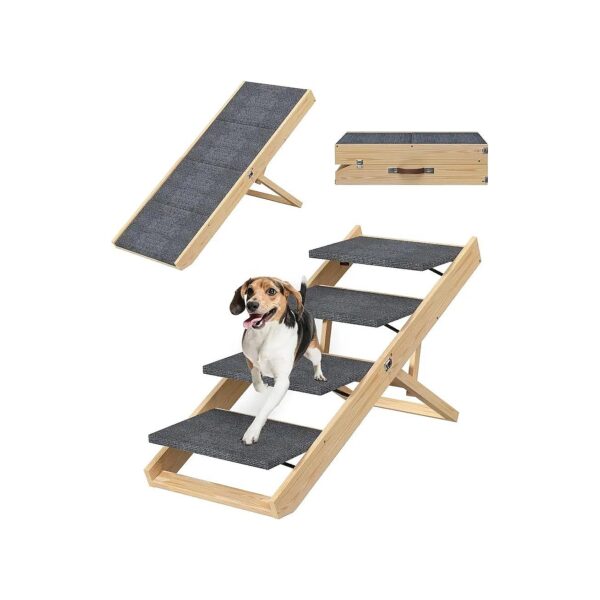 Adjustable Wooden Dog Steps with Handle Foldable Dog Ramp for Bed Couch Car - Gray