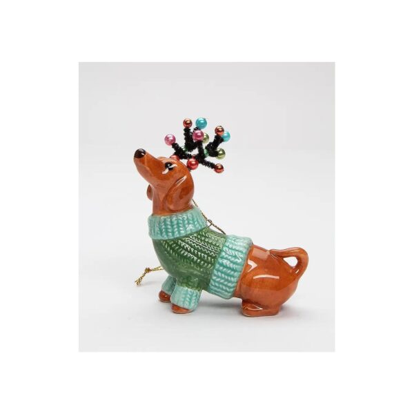 Adorable Ceramic Dachshund Dog in Green Sweater with Reindeer Antlers Ornament