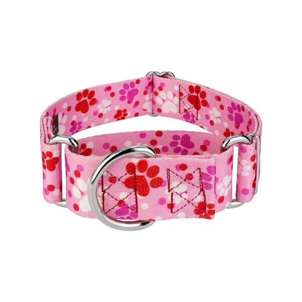 Adorable Pink and Red Heart-Shaped Paw Print Dog Collar with Martingale Design