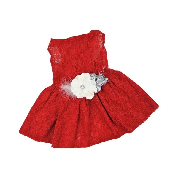 Adorable Red Lace Dog Dress with White Feather Flowers and Rhinestones for Christmas