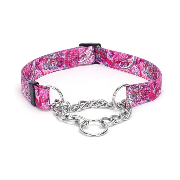 All-Size Martingale Collar with Pink Flowers and Stainless Steel Chain for Dogs