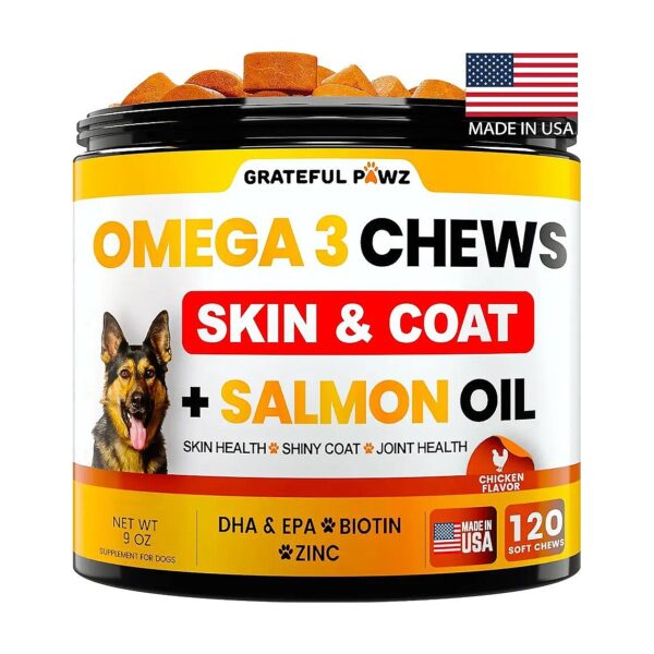 Allergy Relief Dog Supplement with Omega 3 and Alaskan Salmon Oil for Healthy Coat