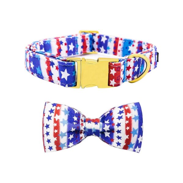 American Flag Dog Collar with Hand-Sewn Sailor Bow Tie for Small Medium Large Puppies