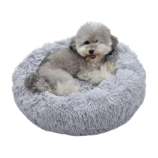 Anti-Anxiety Dog Bed with Grey Plush and Anti-Slip Bottom for Indoor Use