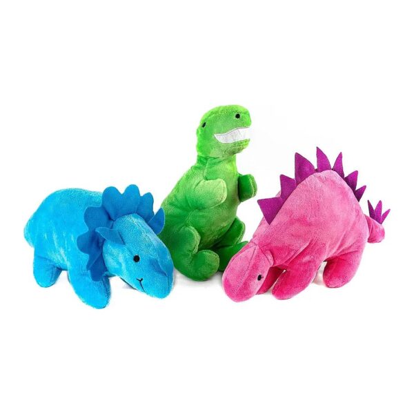 Assortment of Plush Pet Toy 3 Piece Dinosaur Figures with Squeaker