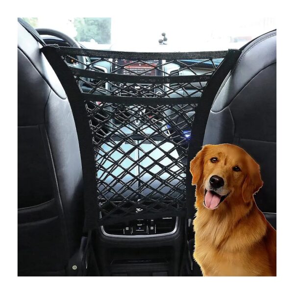 Backseat Barrier for Pets with 4 Car Hooks and SUV Purse Holder Driver Storage Netting