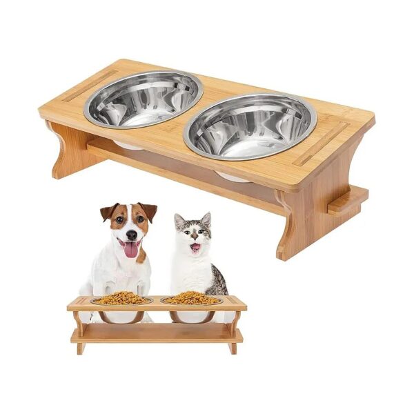 Bamboo Raised Pet Feeder Stand with Stainless Steel Bowls for Small Dogs and Cats