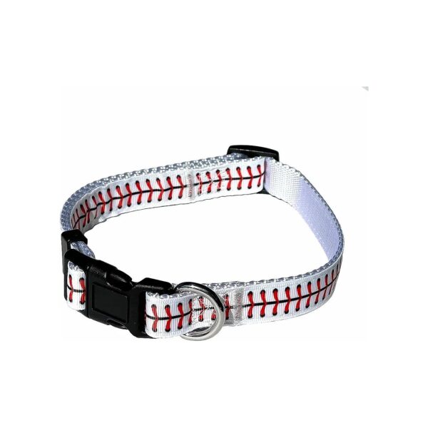 Baseball Dog Collar with White and Red Nylon Material and Baseball Stitch Pattern