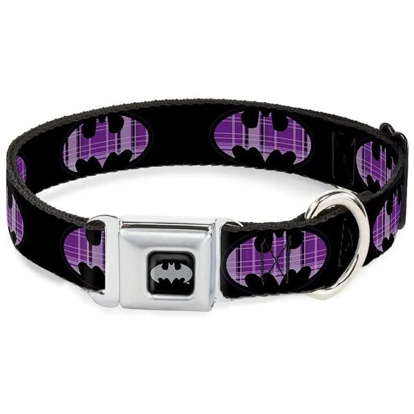 Batman Signal Black Purple Plaid Dog Collar 15-26 Neck Large Multicolor