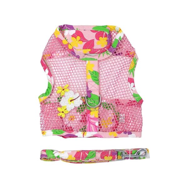 Beach-Inspired Pink Hawaiian Floral Mesh Dog Harness with Leash for Small Canines