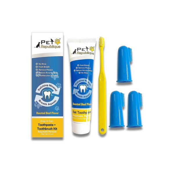 Beef Flavor Enzymatic Toothpaste Kit for Dogs and Cats with Finger Toothbrushes