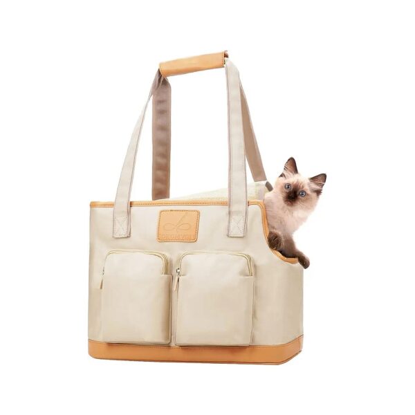 Beige Oxford Cloth Dog Carrier Handbag with Multiple Pockets for Pet Accessories