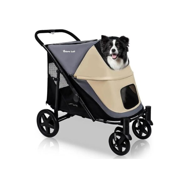 Beige and Grey Pet Stroller with One-Click Folding for Medium and Large Dogs