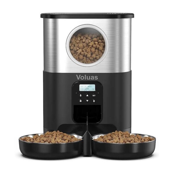 Black Automatic Cat Feeder for Two Cats with Two Food Bowls and Weighing Sensors