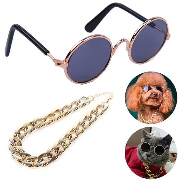 Black Cat and Dog Sunglasses with Adjustable Gold Chain Pet Accessories Kit