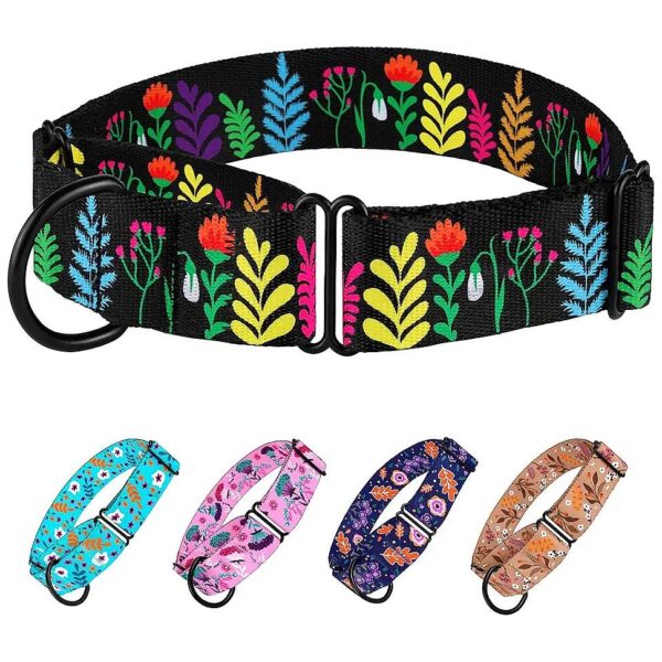 Black Floral Pattern Martingale Collar for Large Medium Dogs Heavy Duty Nylon