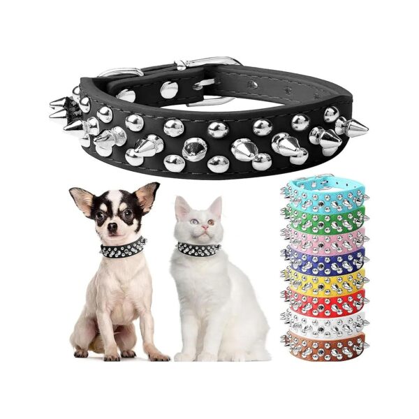 Black Leather Dog Collar with Durable PU Spikes for Small Medium Large Dogs