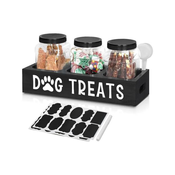 Black Pet Treat Container with 3 Jars for Dog and Cat Food Storage and Decor