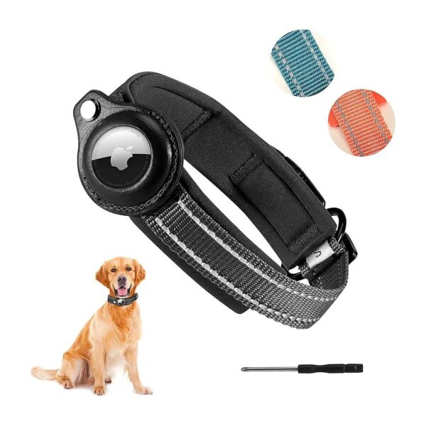 Black Reflective Dog Collar with Integrated AirTag Case and Adjustable Size