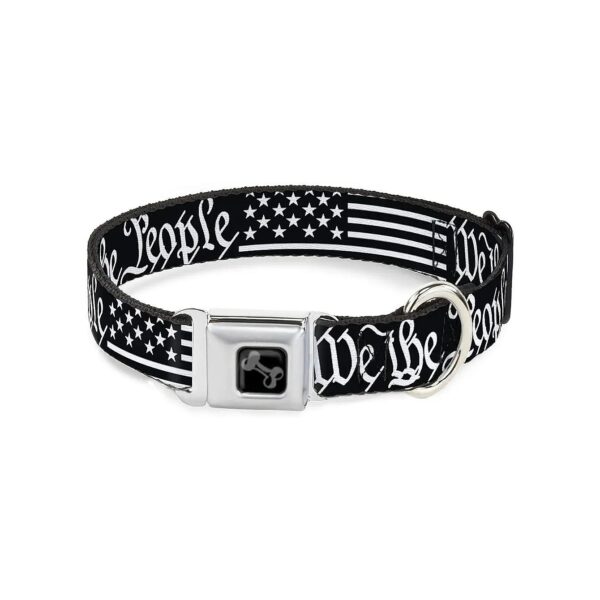 Black White We The People Seatbelt Buckle Dog Collar 13 to 18 Inches 5 Inch Wide