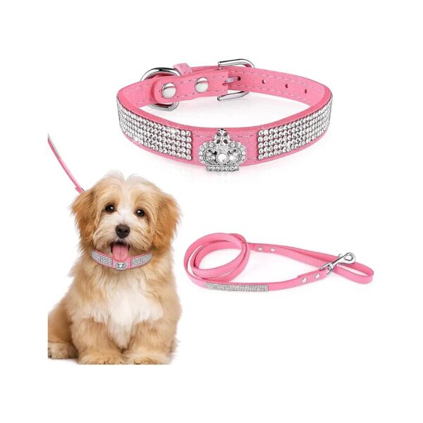 Bling Dog Collar and Leash Set Rhinestone Dog Cat Collar Pink for Small Medium Size Pets