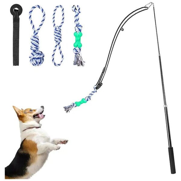 Blue Dog Flirt Pole with 3 Pet Fleece Rope and Door Anchor for Fun Training and Exercise