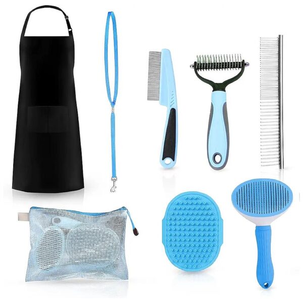 Blue Dog Grooming Kit with Brushes, Leash, and Apron for Pet Care and Hygiene