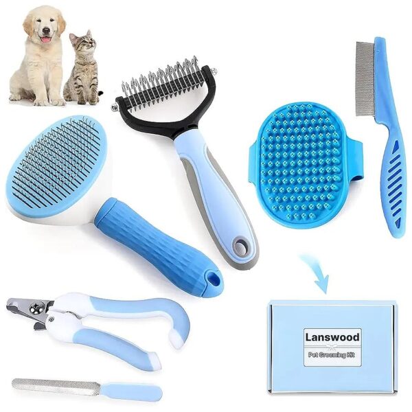 Blue Dog Grooming Kit with Dog Brush, Nail Clipper, Flea Comb and More for Pet Care