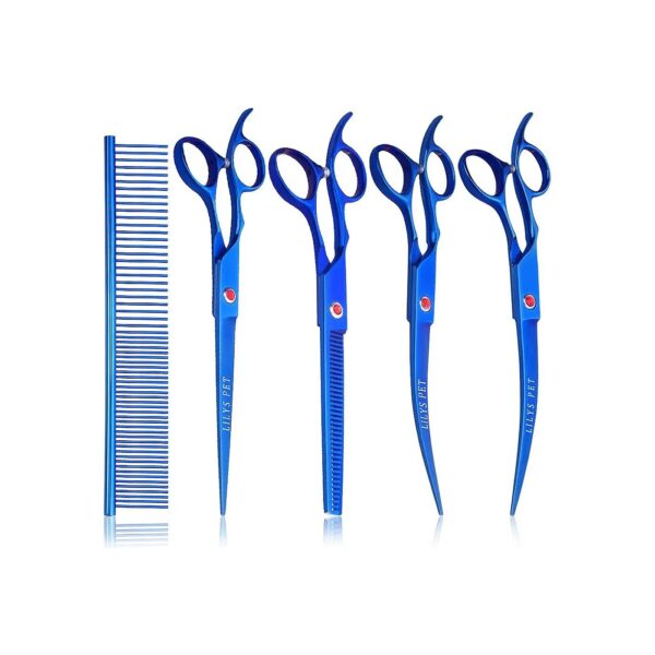 Blue Dog Grooming Scissors with Curved Cutting Thinning Shears and Grooming Comb