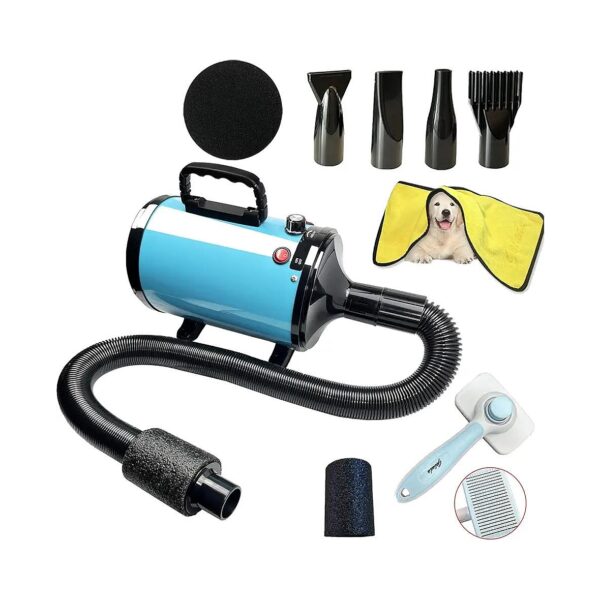 Blue Dog Hair Dryer with Pet Brush and 4 Nozzles for Efficient Grooming