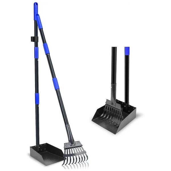 Blue Dog Pooper Scooper Set with Adjustable Handle and Anti-Rust Coated Tray and Rake