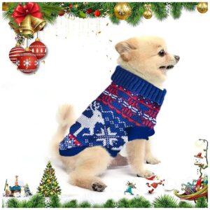 Blue Elk Reindeer Pattern Christmas Dog Sweater for Warm Winter Puppy Clothes