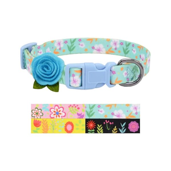 Blue Floral Adjustable Dog Collar with Removable Flower for Small to Medium Dogs