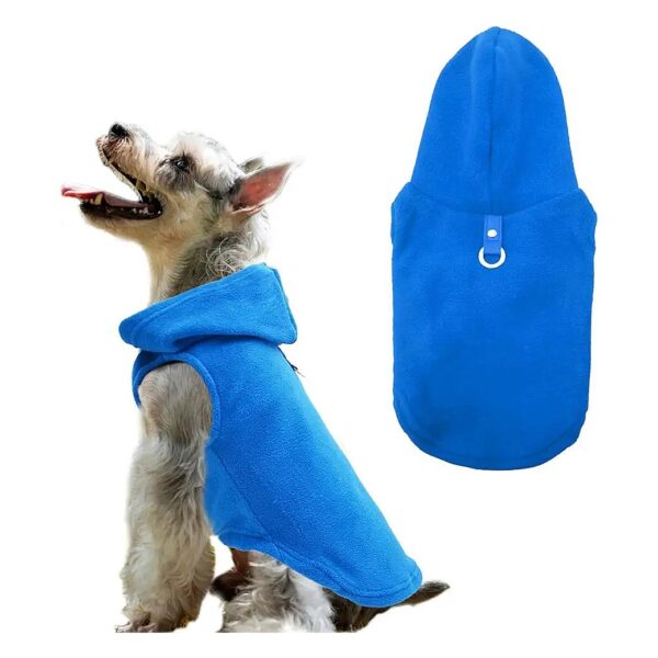 Blue Medium Soft Fleece Dog Sweater with Hat and Leash Holder for Small to Medium Dogs