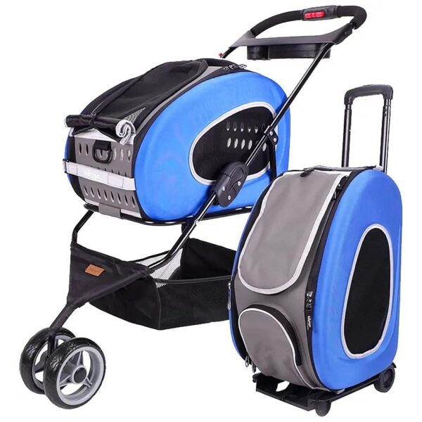 Blue Pet Carrier Stroller Combo with 5in1 Convertible Design for Small Pets and Traveling