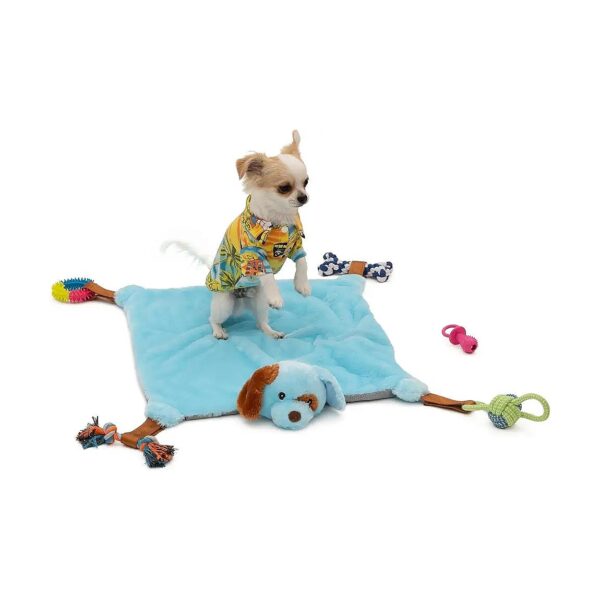 Blue Plush Puppy Play Mat with Interchangeable Toys for Small Breeds