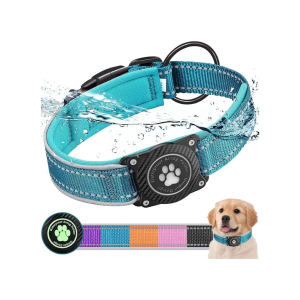 Blue Waterproof AirTag Dog Collar with Reflective Strips for Small Medium Large Dogs