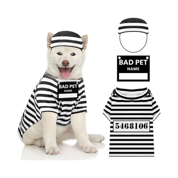 Breathable Washable Dog Prisoner Costumes Small Size Dog Pullover and Hat for Halloween