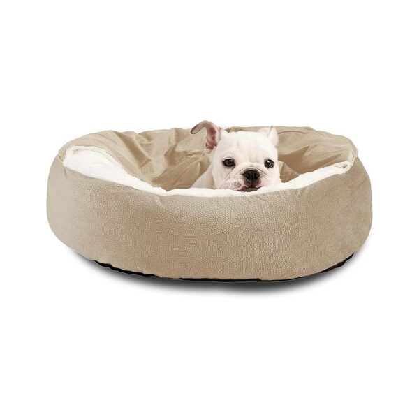 Breed-Neutral Faux Fur Wheat Dog and Cat Bed with Cozy Hood and Cushioned Walls