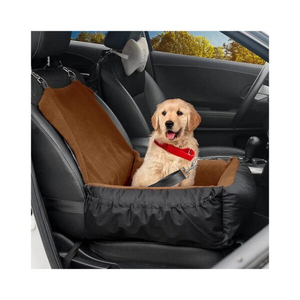 Brown Dog Car Seat with Soft Coral Fleece Cushion and Built-In Safety Leash