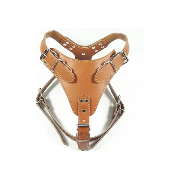 Brown Leather Dog Harness with Dog Pattern for Large Breed Dogs