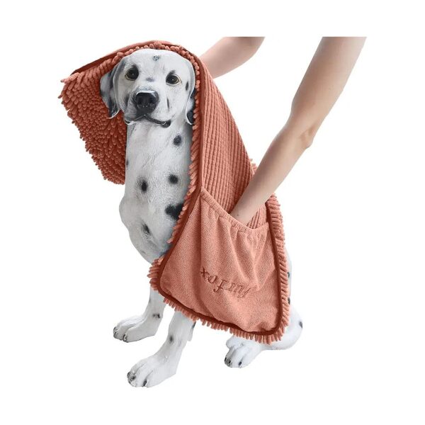 Brown Pet Towel with Hand Pockets for Large Dogs 35x15'' Quick Drying